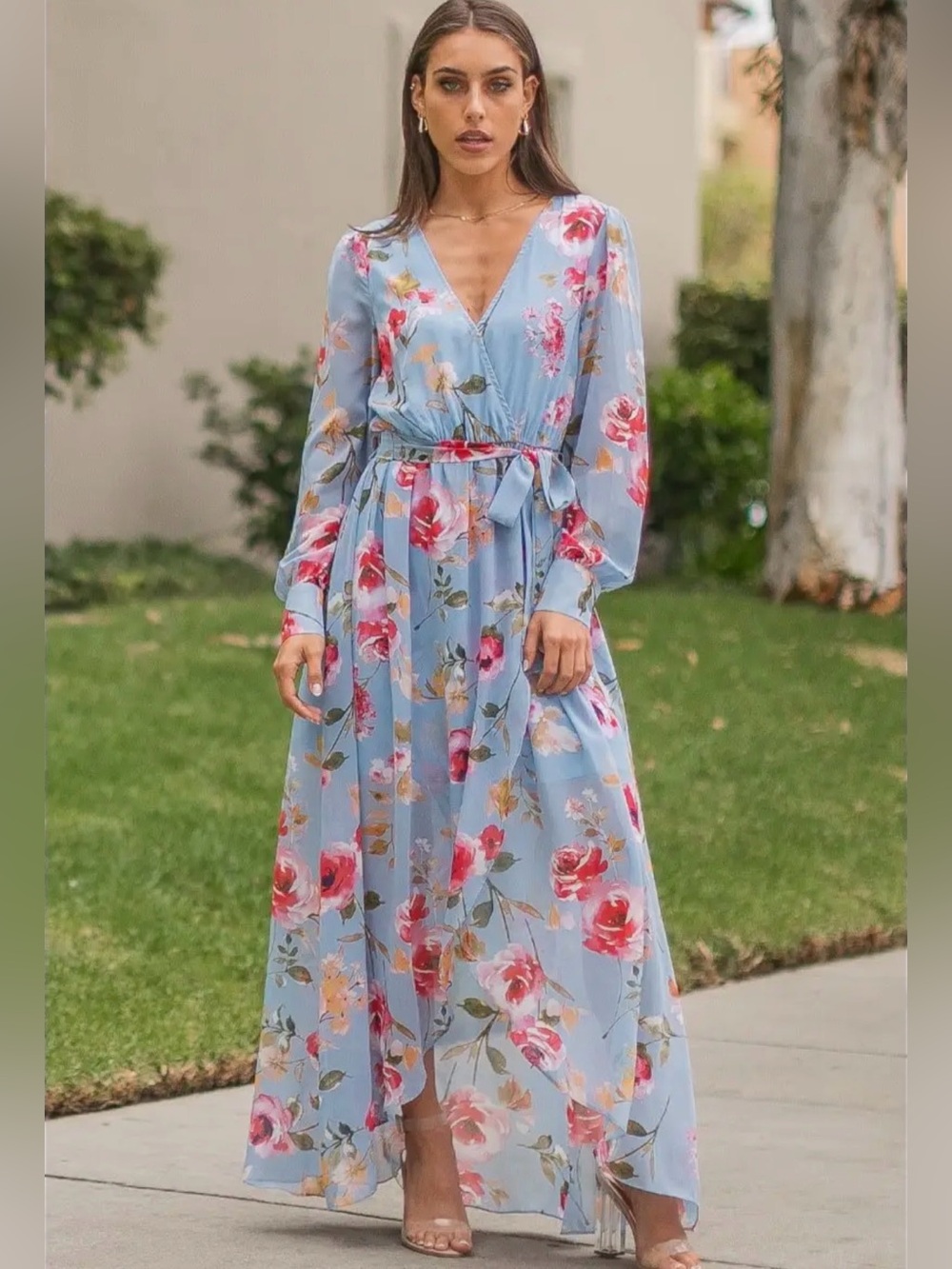 Light Blue Floral Maxi Wrap Dress with Tie Waist